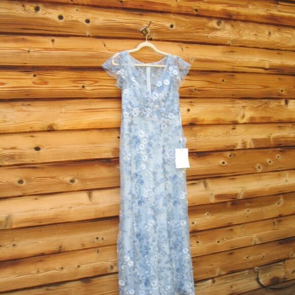 MAC DUGGAL 68192 Blue Embroidered Applique Wrap Over Flutter Sleeve Gown - Picture 7 of 14
